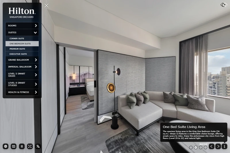 Hilton Singapore Orchard virtual tour showing a floor arrow in the One Bedroom Suite living area