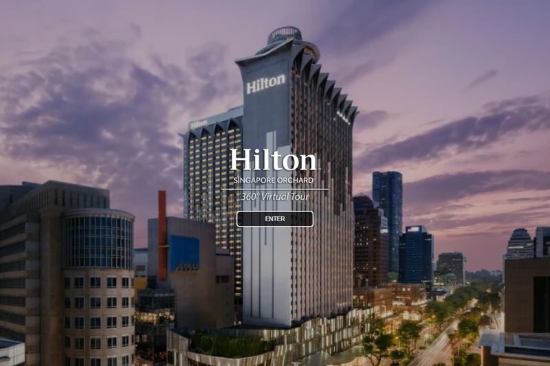 Hilton Singapore Orchard virtual tour opening screen with hotel exterior and Enter button