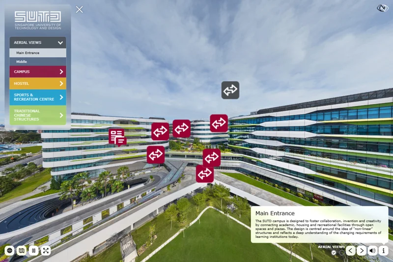 University virtual tour aerial view of SUTD campus showing modern white-finned academic buildings with landscaped courtyards