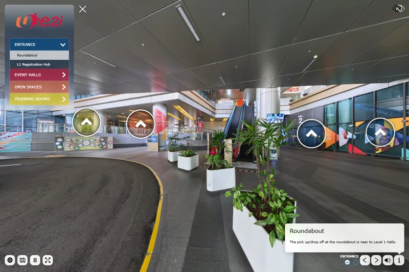Section-based navigation and venue information within the e2i virtual tour.