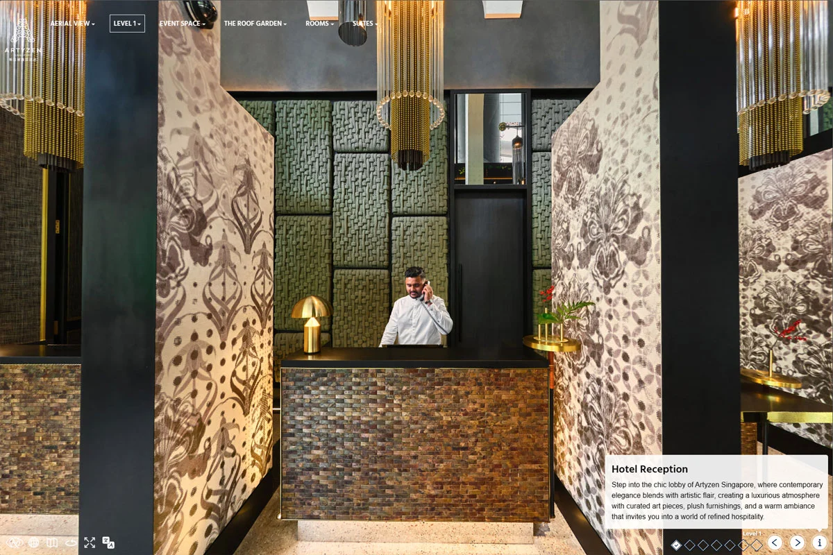 Artyzen Singapore virtual tour of hotel reception with staff at mosaic desk and decorative textured wall panels