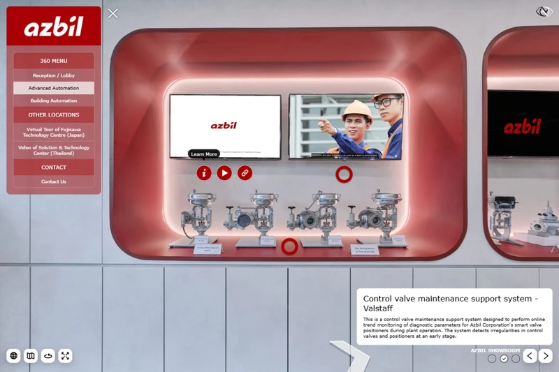 Azbil Singapore showroom virtual tour showing a multi-action hotspot with information, video and link options