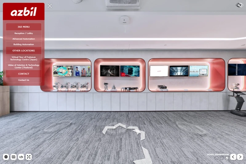 Azbil Singapore showroom virtual tour showing videos playing on wall-mounted display screens