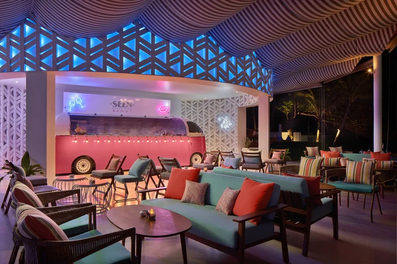 Seen Beach Club bus lounge at night commercial restaurant photography
