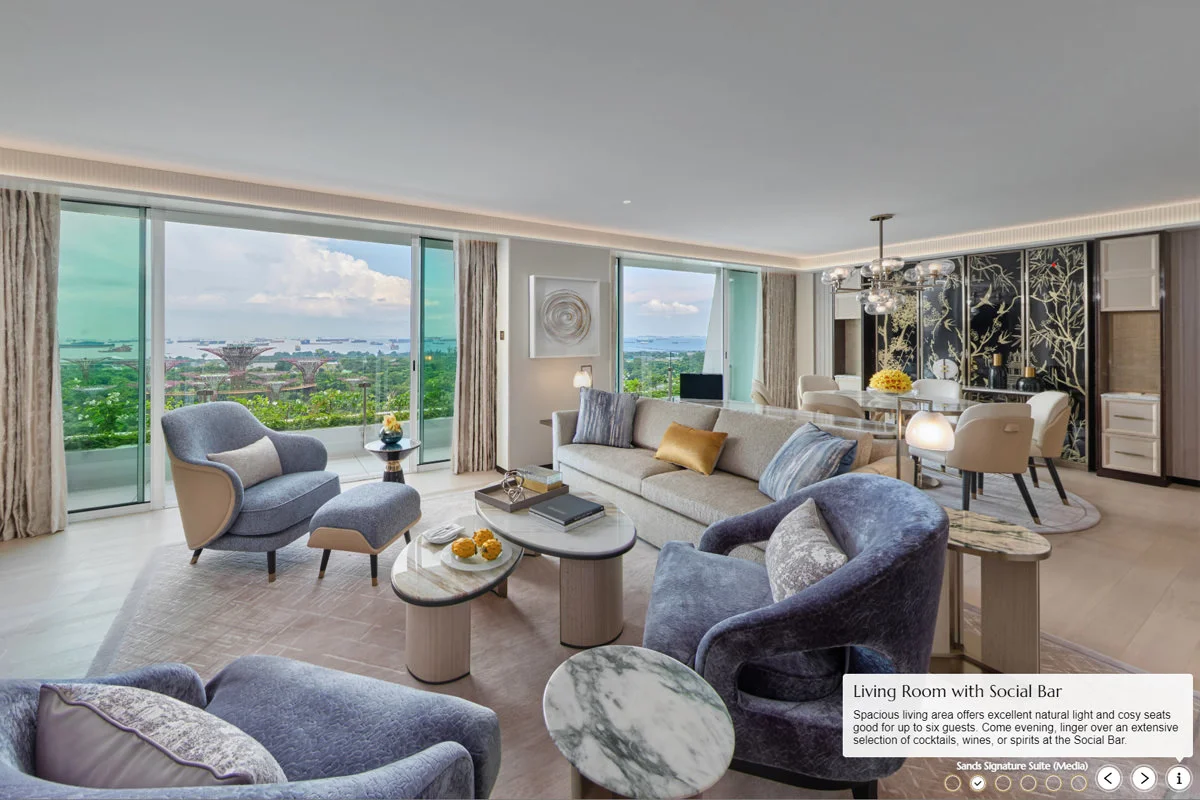 Sands Signature Suite living room with social bar, plush seating, and Gardens by the Bay views Singapore