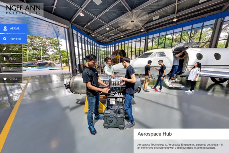 Ngee Ann Polytechnic aerospace hangar with students examining jet engine and private aircraft in virtual tour