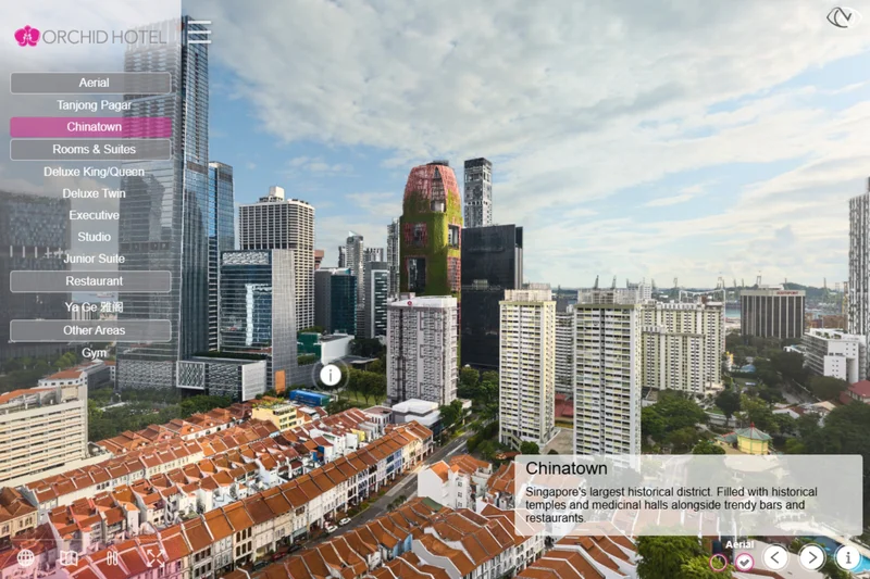 Hotel virtual tour aerial view from Orchid Hotel showing Singapore Chinatown shophouses and Tanjong Pagar skyline