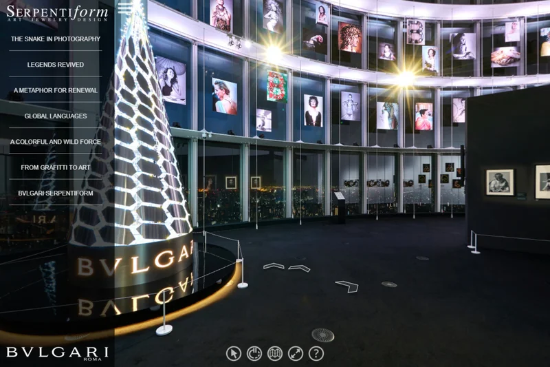 Bulgari Serpentiform Tokyo exhibition with illuminated serpent-scale tower sculpture and photography gallery walls