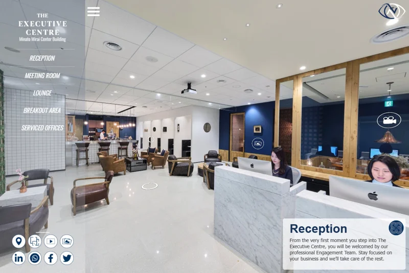 Modern reception area with lounge seating at The Executive Centre Minato Mirai Centre Yokohama Japan