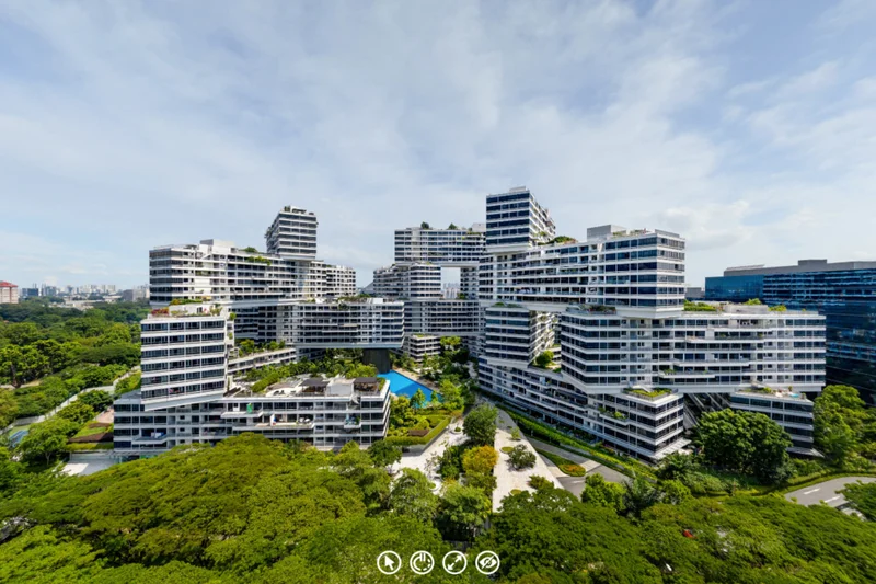 The Interlace Singapore virtual tour aerial view showing interlocking residential blocks with rooftop gardens and pool