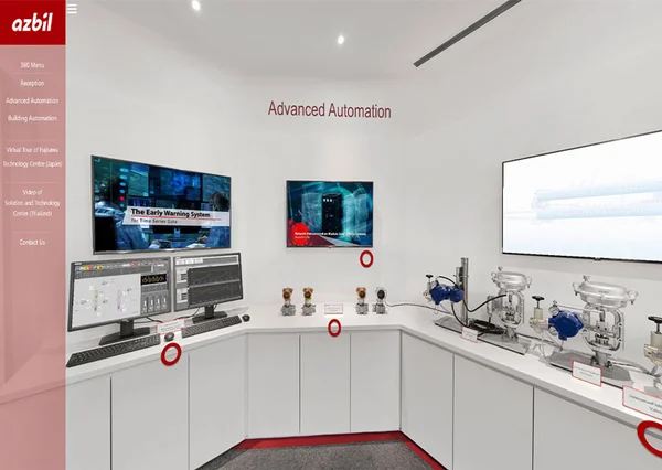Showroom virtual tour of Azbil Singapore Advanced Automation facility with monitoring screens, sensors, and control valves