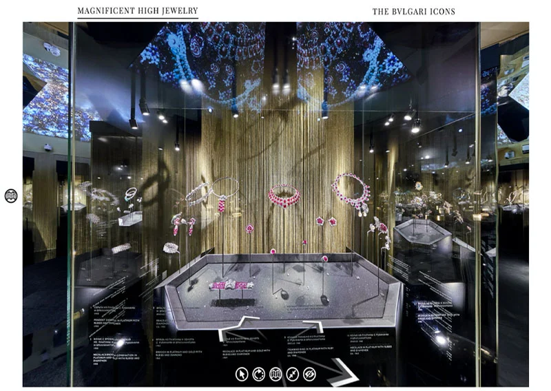 Exhibition virtual tour of Bulgari at the Kremlin Moscow featuring Keith Haring snake mural and coiled textile sculpture