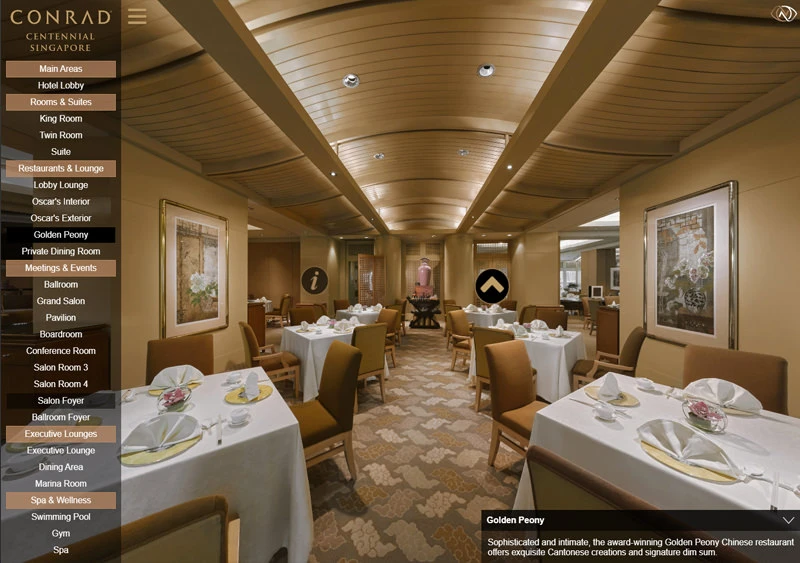 Conrad Centennial Singapore hotel virtual tour showing luxury hotel restaurant and suites