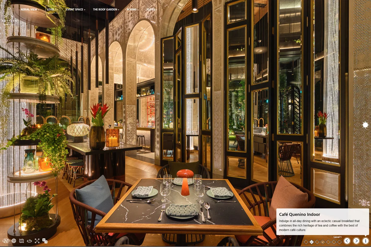 Virtual tour of Cafe Quenino indoor dining at Artyzen Singapore with arched windows and elegant table setting