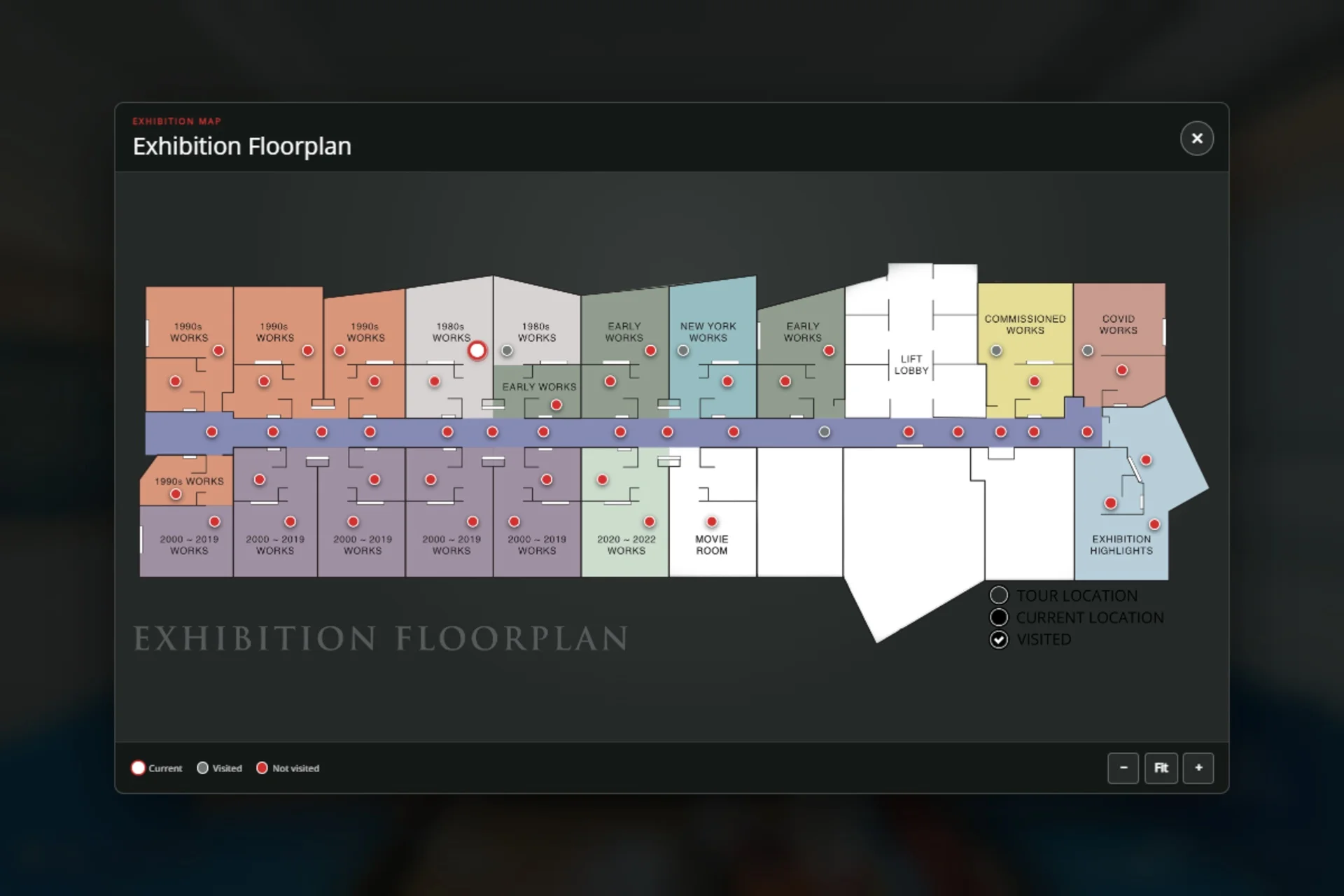 Interactive floorplan in the #GBK85 360° virtual tour showing the chronological exhibition rooms and navigation markers