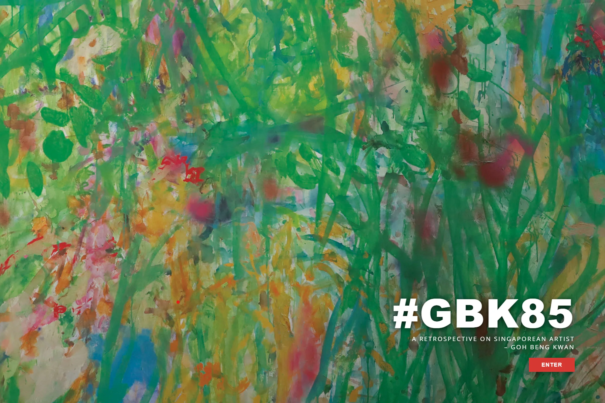#GBK85 virtual exhibition welcome screen featuring Goh Beng Kwan artwork and an Enter button