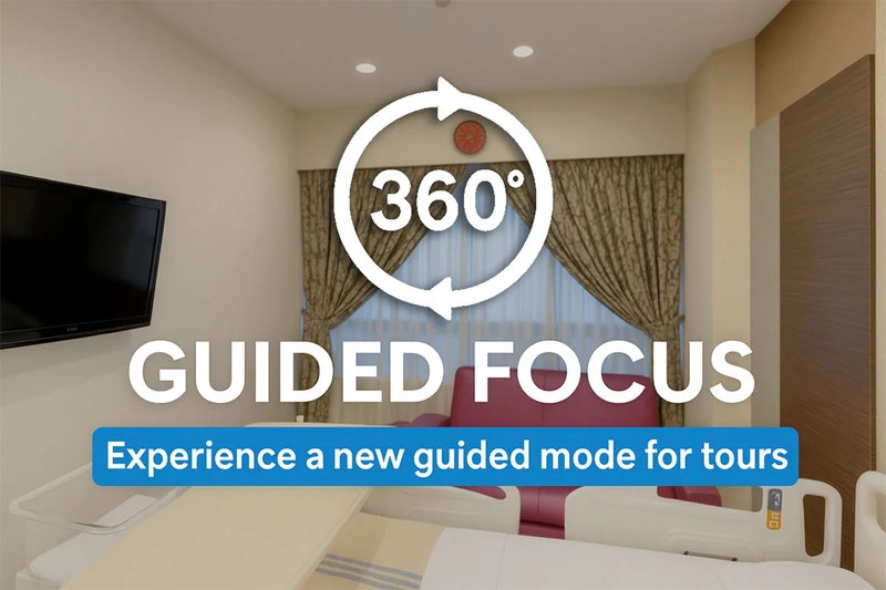 Promotional graphic with a 360-degree icon and text overlay on a background showing a hospital room with a wall-mounted TV and patterned curtains.