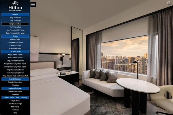 WCAG-compliant hotel virtual tour of Hilton Singapore Orchard King Executive room with city skyline view