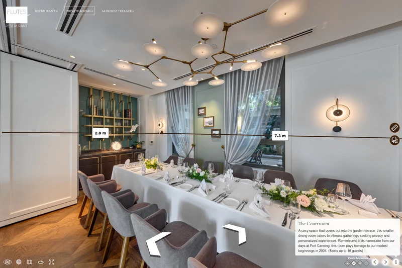 Hotel virtual tour measurement tool showing room dimensions for MICE event planning