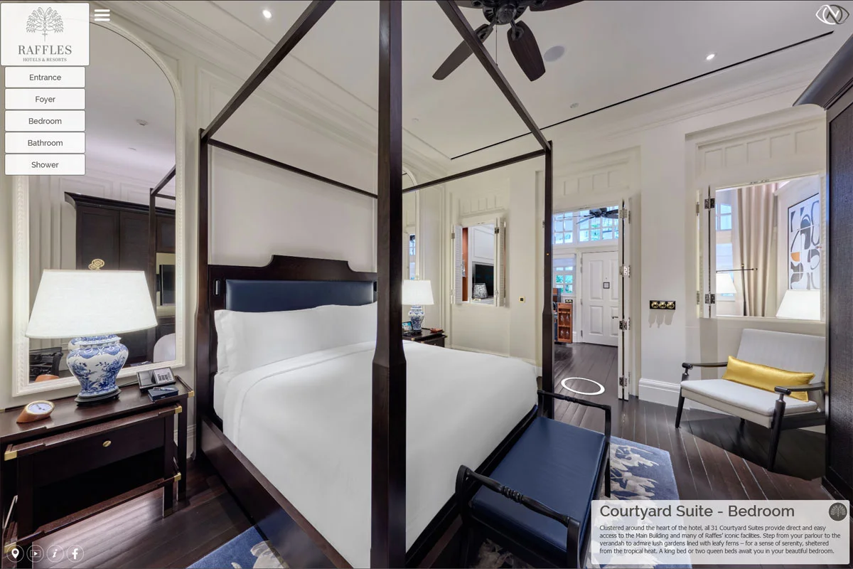 Raffles Hotel Singapore virtual tour of Courtyard Suite bedroom with four-poster bed, side menu, and suite description panel