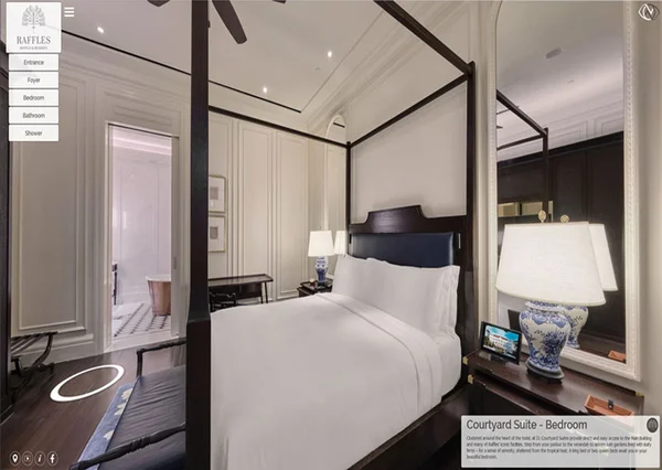 Luxury hotel virtual tour of Raffles Hotel Singapore colonial Courtyard Suite with four-poster canopy bed
