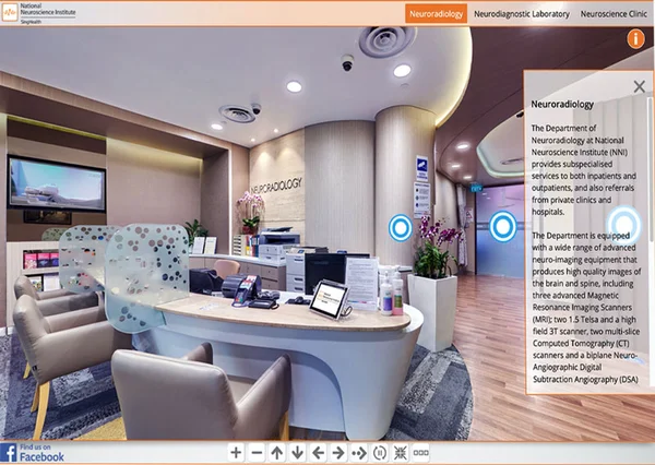 Hospital virtual tour of SingHealth aviation training facility with students examining jet engine in glass-walled hangar