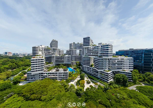 Aerial 360 photography of The Interlace Singapore showing rooftop bar with canopy covers, hillside villas, and sunset sky